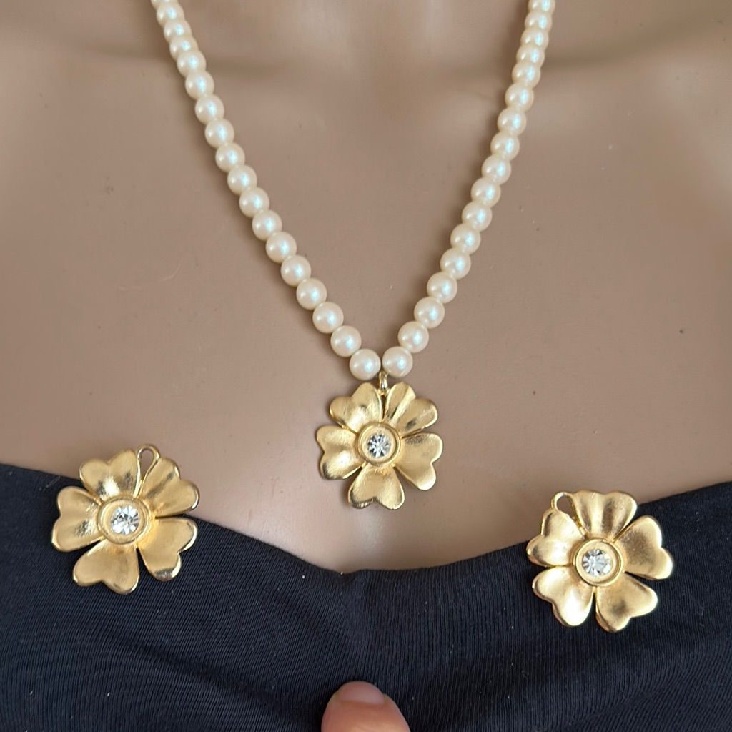 Pearl And Gold Flower Necklace And Clip On Earrings